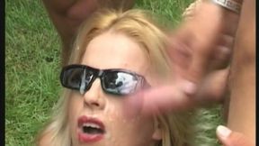 Blonde Babe Drenched in Sloppy Group Cum Loads Outdoors