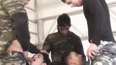 Military twinks capture two guys for blowjobs and gay orgy pounding