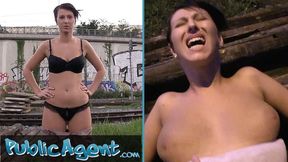 Dirty little minx flaunts her gigantic implants on the streets before getting down and dirty