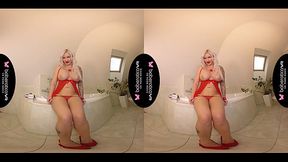 Solo blonde big tits Jarushka Ross hevy masturbating with glass in VR.