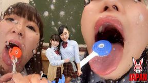 Two Japanese girls, Mio Shinozaki and Himari Ogawa, spit on you and blow their bad breath in your face