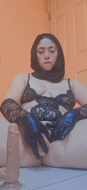 Persian Girl in Hijab and Lingerie Playing with Her Pussy Using a Dildo