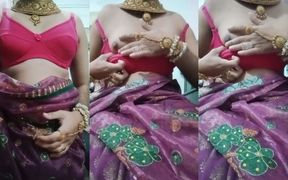 Indian Gay Crossdresser Bottom Gaurisissy Pressing and Playing with Her Big Boobs in Purple Saree with Heavy Jwellery