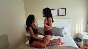 Two sexy brunettes give sloppy blowjobs in a hardcore FFM threesome
