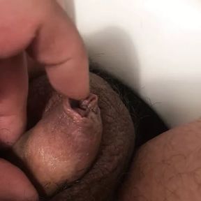 Small cock cums, finger, foreskin