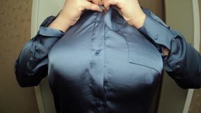 Big Bouncing Boobs in Blue Satin Blouse, Tits Teasing