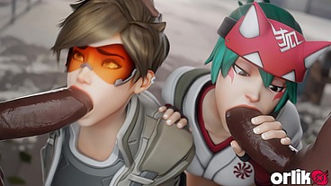 Tracer + Kiriko Share Huge BBC – Sloppy BJ & Cowgirl 3D Animation (Overwatch)