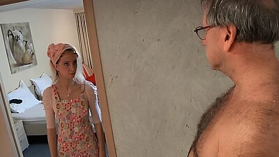 Horny hotel maid fucks an oldman customer