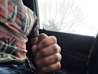 Hot stud touching his big rod in the car with people passing by and watching - almost caught