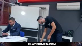 After sucking cock a suit and tie worker gets his ass railed