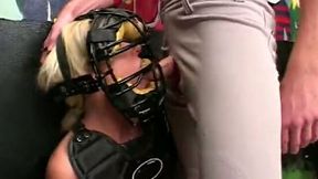 Trashy blonde wench gets throat fucked by horny ass baseball player