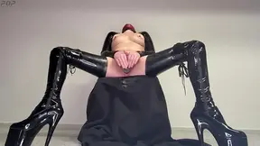 Petite hot mom in latex and boots masturbates with a massive dong