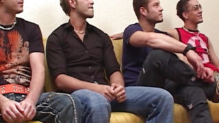 Hungry gay bottoms take rough anal pounding and deep blowjobs in gangbang