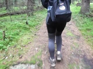 Hiking adventures banging buble booty next to the tree in public park with cumhot on her butt