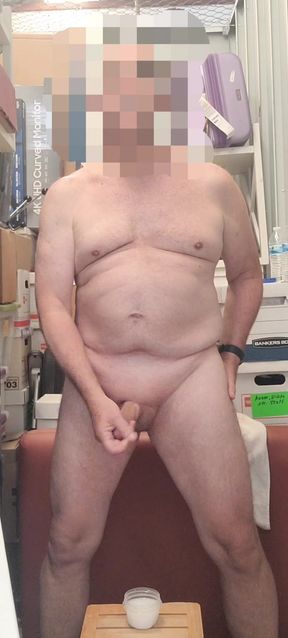 Exhibitionist masturbator stroking, cumming, and swallowing in my storage space