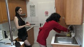 Giant Gothic Mistress Trains Her Little Transvestite to Clean!