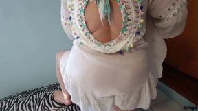 Stepmom tidying up the house in transparent dress without panties.
