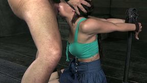 Humble brunette with natural tits is tied up and sucks stiff dick