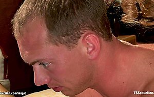 Big cock busty TS fucks bound man
