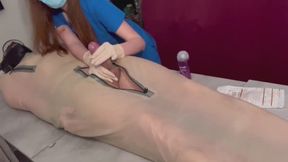 Milking table. Nurse Nastya is goin to inspects patient's cock and prostate while he's restrained in a bodybag
