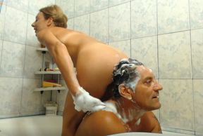 washing and drying gonzo's hair and playing with his cock in the shower