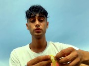Drinking and swallowing cum of used condom by straight guy