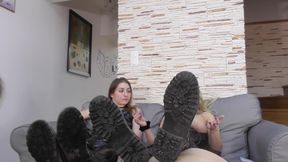 Two Mistresses Share Kisses While Their Slaves Take Care of Their Dirty Boots