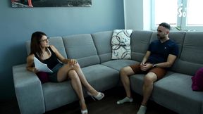 Attractive girl interviewing guy for foot fetish actor job