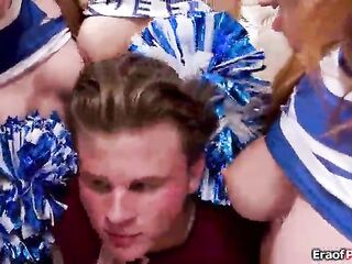 Peeping tom is caught by five horny cheerleader milf besties and they now want to suck his big dick.The big melons cougars line up to get fucked