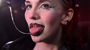 Goth TGirl depththroats and drools on her own hand
