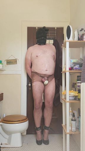 Slave Cums Hands-free in Chastity Cage and Heels