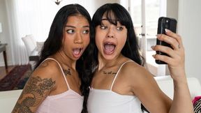 Two brunettes Ameena Green and Beca Barbie share a big boner