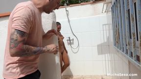 Sexy outdoor shower blowjob