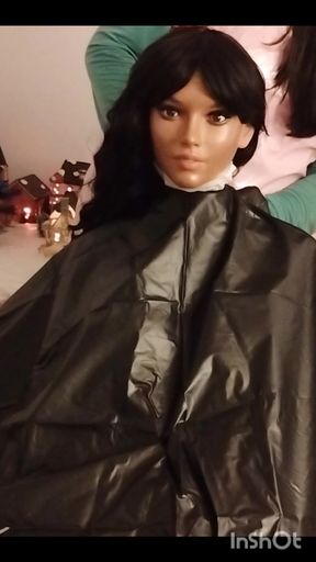 Ebony Sex doll Nikki shows off vinyl shampoo capes
