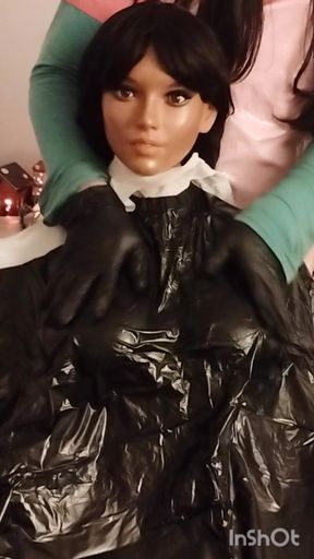Ebony Sex doll Nikki shows off vinyl shampoo capes