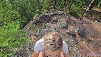 Pretty blonde MILF gets mouthful of cum on hike