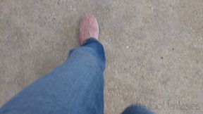 Fifi pedal pumping in pink flats and blue jeans