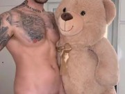 BoyGym hunk tattoed boy play with his cock and teddy bear