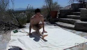 Handsome yoga enthusiast Jesse Jordan tugs his long cock