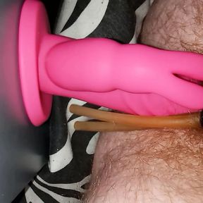 ftm fucking his hairy pussy with another suction cup dildo