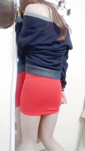 Young asian sissy in tight red short skirt, pantyhose and highheels insert vibrator inside her and get orgasm