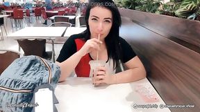 Lovely brunette, Emanuelly Gozando has a vibrator inside her pussy while in a public place