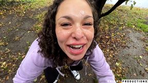 betty buttplug blowjob outdoors and cumwalk