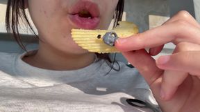 Giantess Girl Finds a Tiny Man in Her Bag of Chips and Is Surprised, but She Eats the Tiny
