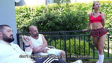 Shh... My step Daddy Might Come Back! Slutty step Daughter Fucks His Friend in the Backyard!