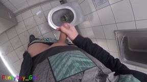 I Pee and Jerk off My Thick, Shaved Foreskin Cock Until I Cum a Large Load in a Motorway Toilet.