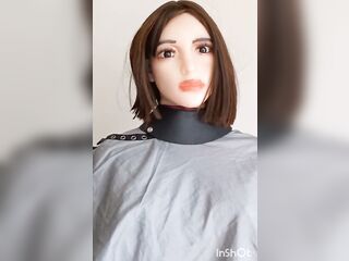 Busty TPE sex doll nylon hairdressing cape fetish play