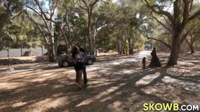 Busty black bitch gets drilled outdoors