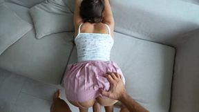 Petite brunette loses at UNO, sucks hubby's huge cock in roleplay