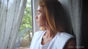 Busty Babe Denise with a Wet T-shirt at the Window